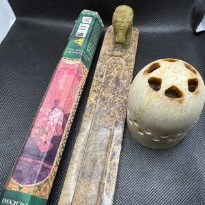 Vintage Hand Carved Soapstone Elephant Incense Burner Set Stick & Cone Holder